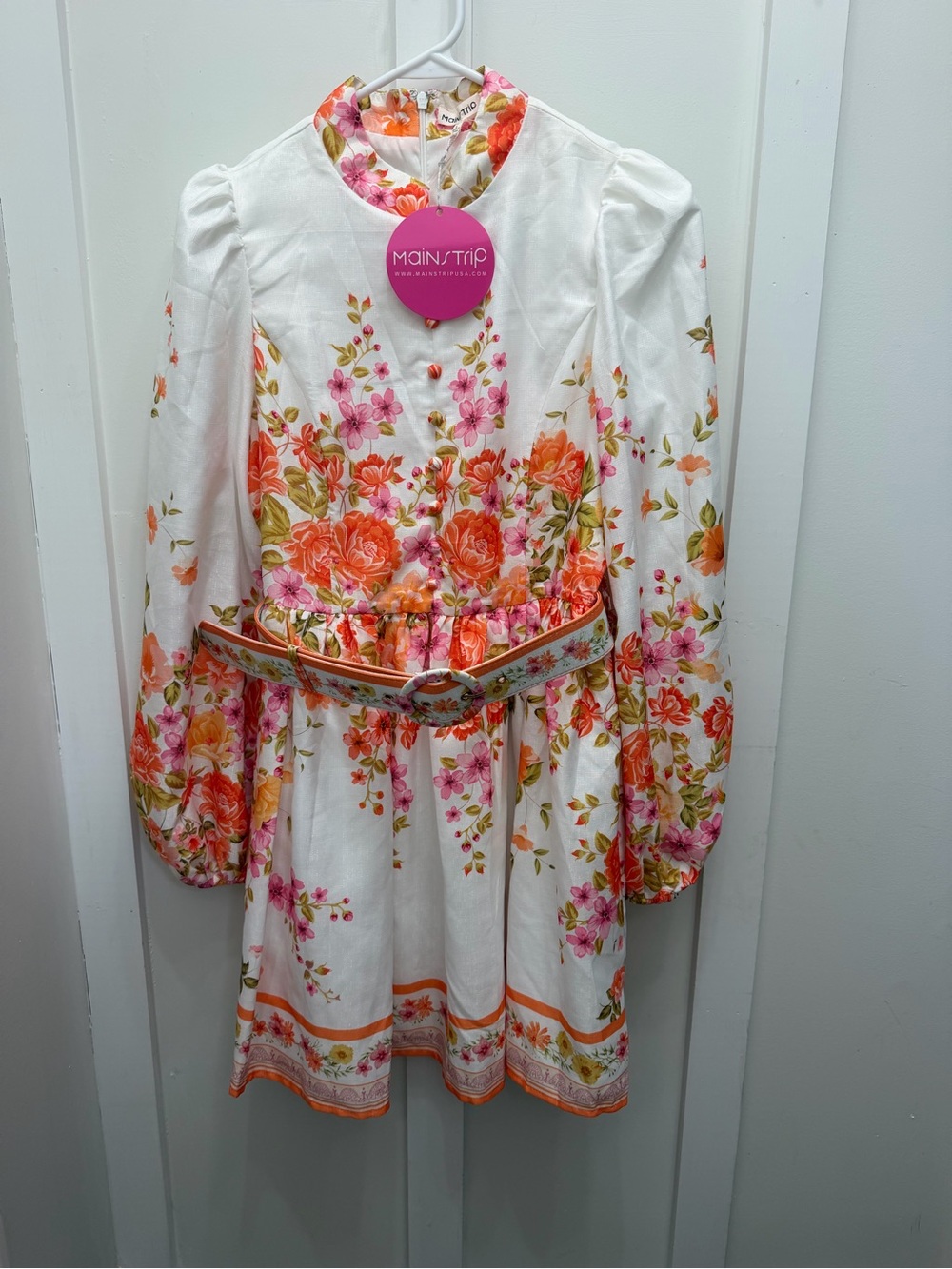 Main Strip White Floral Belted Mini Dress with Pink & Orange Blooms
